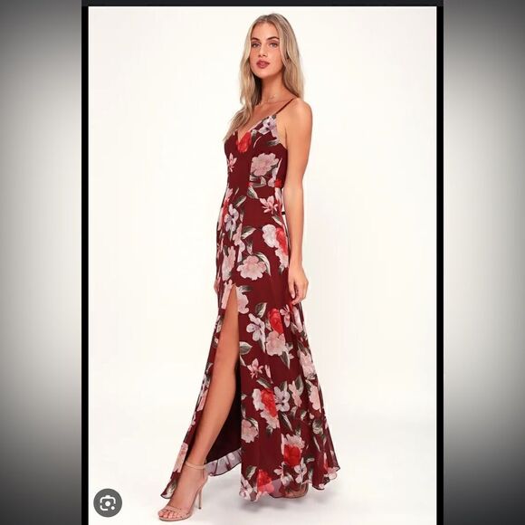 Lulu’s Burgundy Floral Maxi Dress - Picture 1 of 10